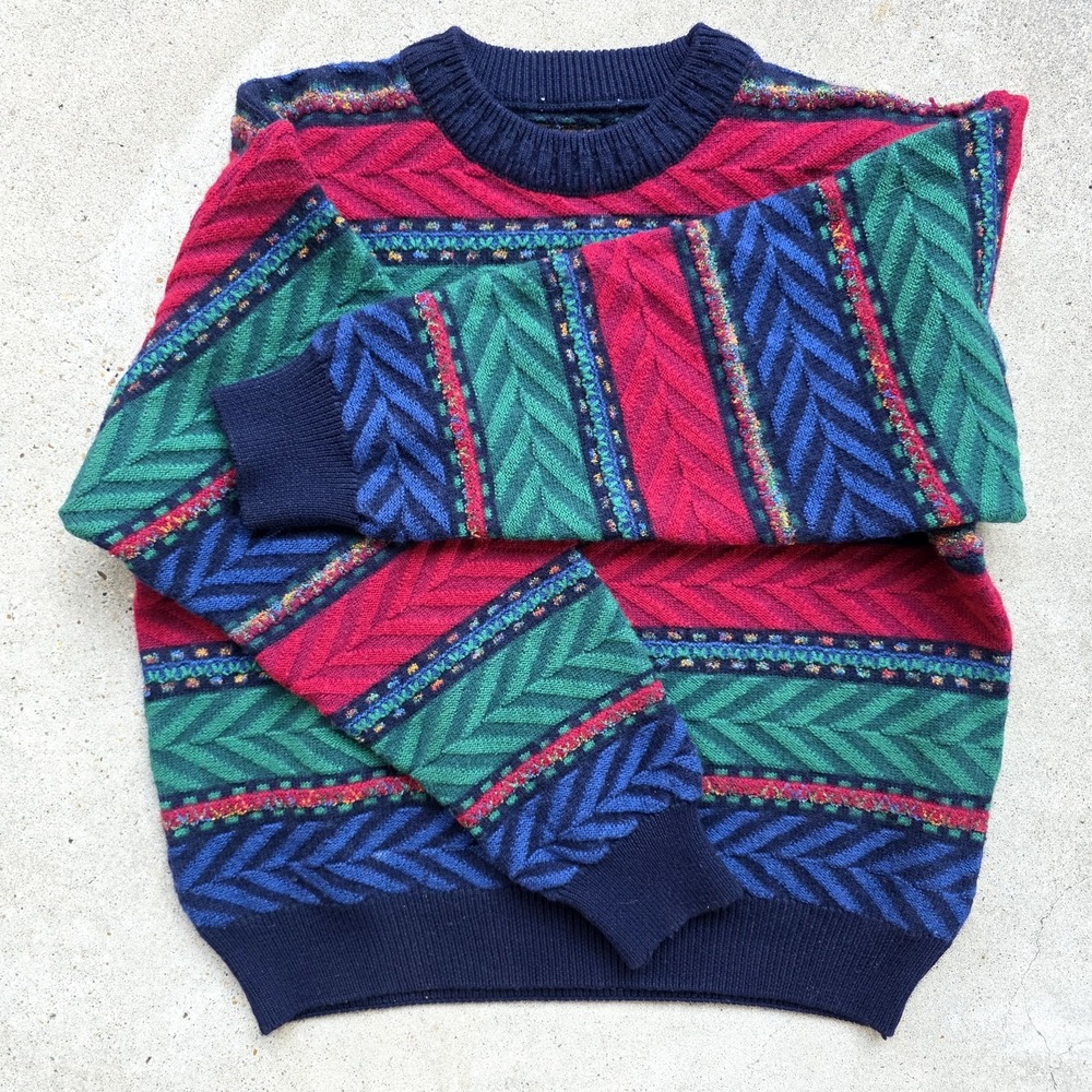 Norm Thompson Sweater Size M Colorful Red Green Striped 90s Wool Retro Grandpa - Picture 4 of 10